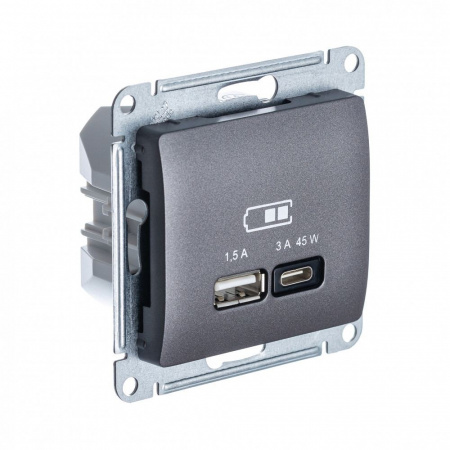 USB Розетка A + тип-C 45W Systeme Electric (Schneider Electric) Glossa высокоскоростная зарядка QC, PD, механизм, ГРАФИТ