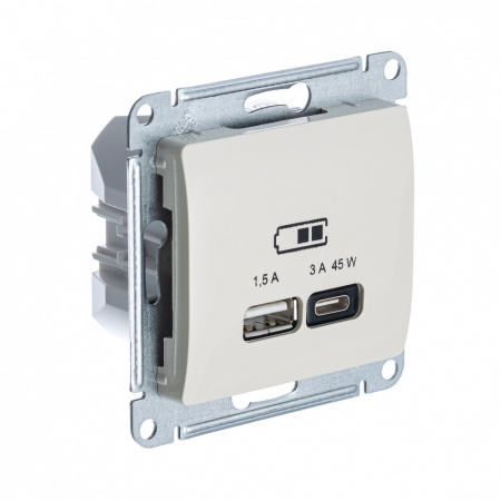 USB Розетка A + тип-C 45W Systeme Electric (Schneider Electric) Glossa высокоскоростная зарядка QC, PD, механизм, МОЛОЧНЫЙ