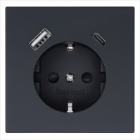 Розетка SCHUKO© с USB A+C с защитными шторками 16A 250V~ 2P+T USB 25W, цвет Черный матовый (soft touch) Jasmart FD5501USB-25PBM
