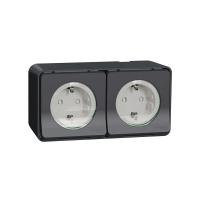 Блок из двух розеток с заземляющим контактом и защитными шторками для открытой установки IP55 Mureva Styl Schneider Electric антрацит MUR36029