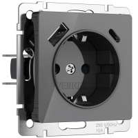 Розетка с заземлением, шторками и usb Werkel акрил графит винтовая клемма (W1171744)