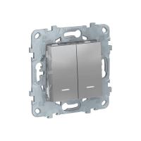 Переключатель 2-клавишный 2 модуля с подсветкой 2 х схема 6а Unica NEW Schneider Electric алюминий NU521330N